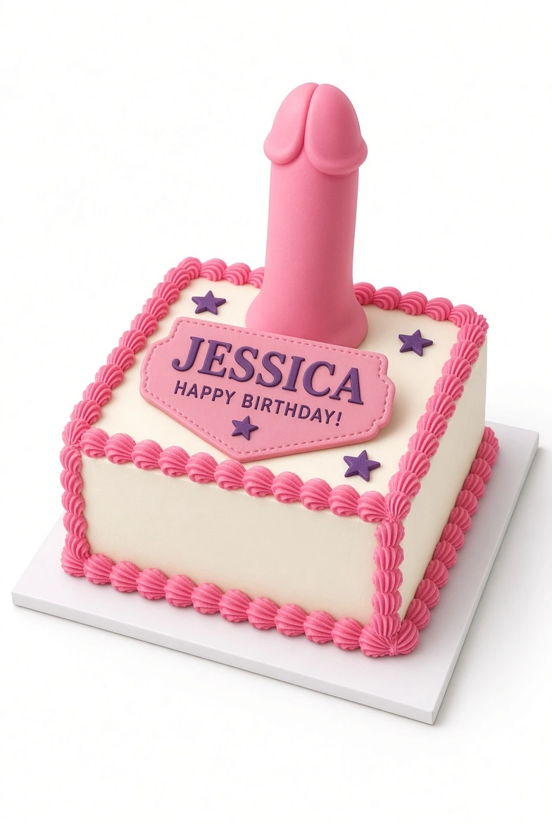 Big Birthday Energy adult novelty cake design reference: Ivory frosting, bright-pink scalloped borders, purple star accents, a name or age plaque, and one prominent adult novelty topper inspired by the supplied examples.