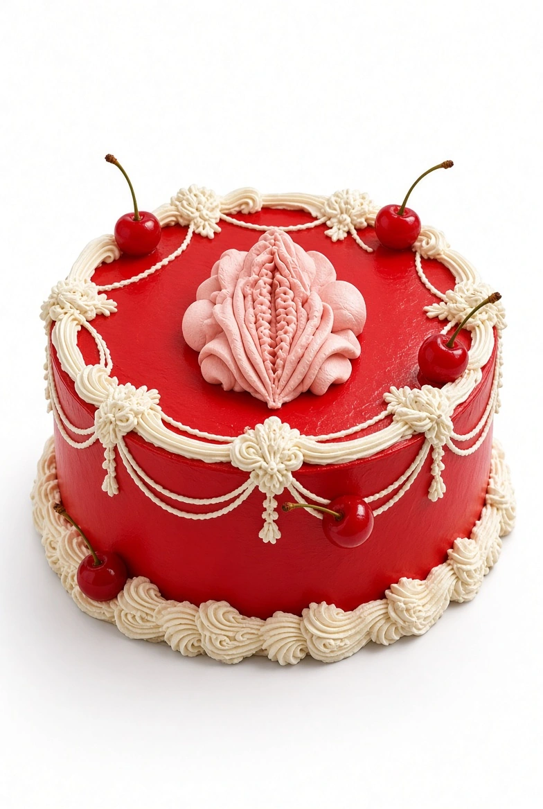 Cherry Bomb adult novelty cake design reference: Cherry-red frosting, ivory vintage swags, a blush-pink novelty centerpiece, glossy cherry accents, and a thick piped border.