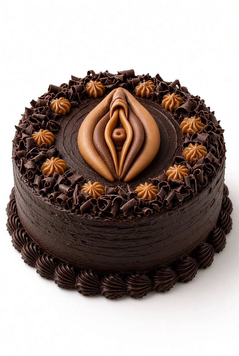 Cocoa After Dark adult novelty cake design reference: Chocolate-colored frosting, dark shell borders, a tonal centerpiece, a wide chocolate-curl border and repeated caramel-colored dollops.