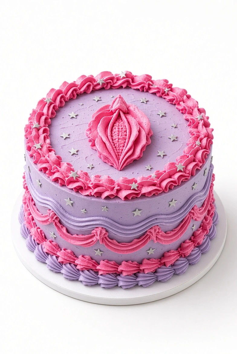Disco Cooter adult novelty cake design reference: Lavender frosting, hot-pink vintage piping, a pink novelty centerpiece, multiple side swags and silver stars on top and sides.