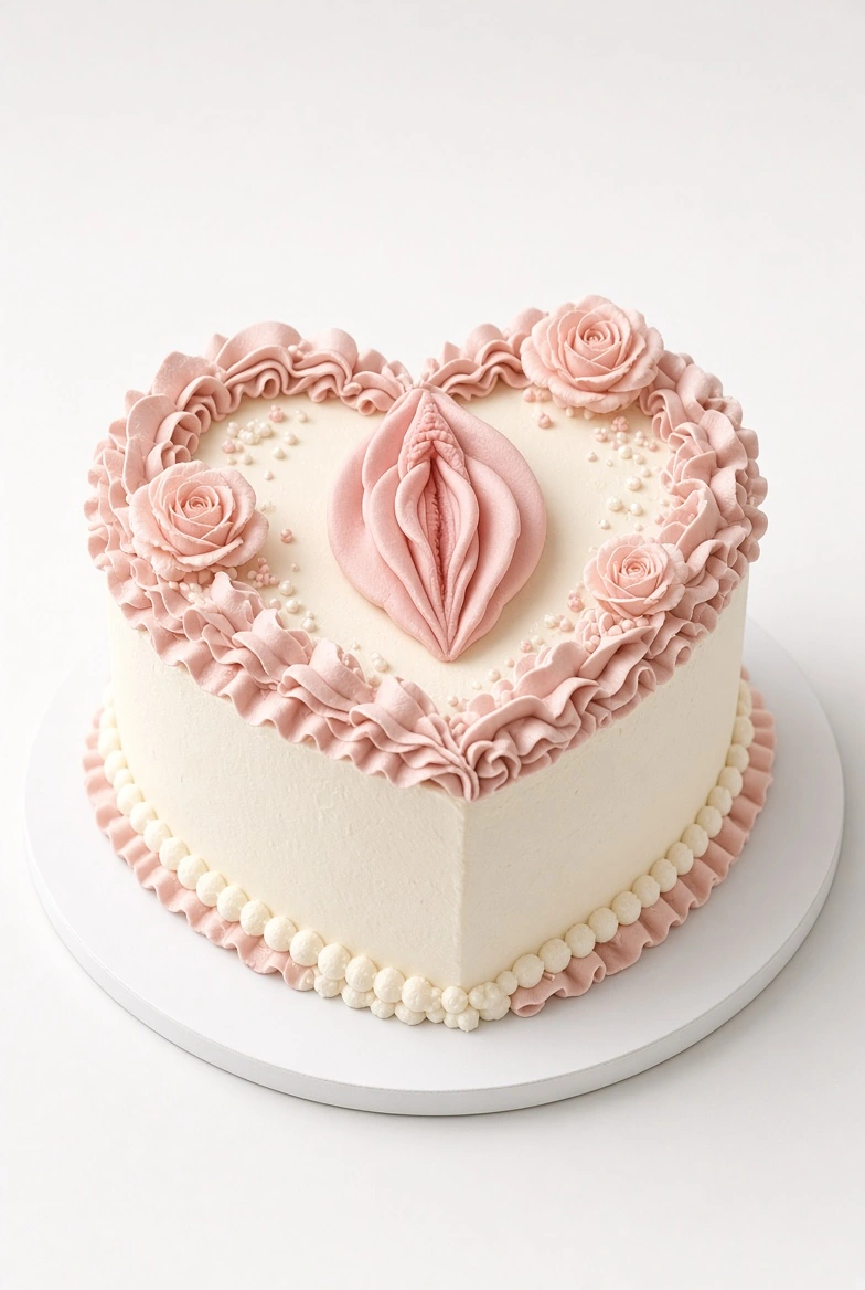 The Blushing Bride adult novelty cake design reference: Ivory frosting, layered blush-pink ruffles, the signature novelty centerpiece, piped pearl details, and three small piped roses.