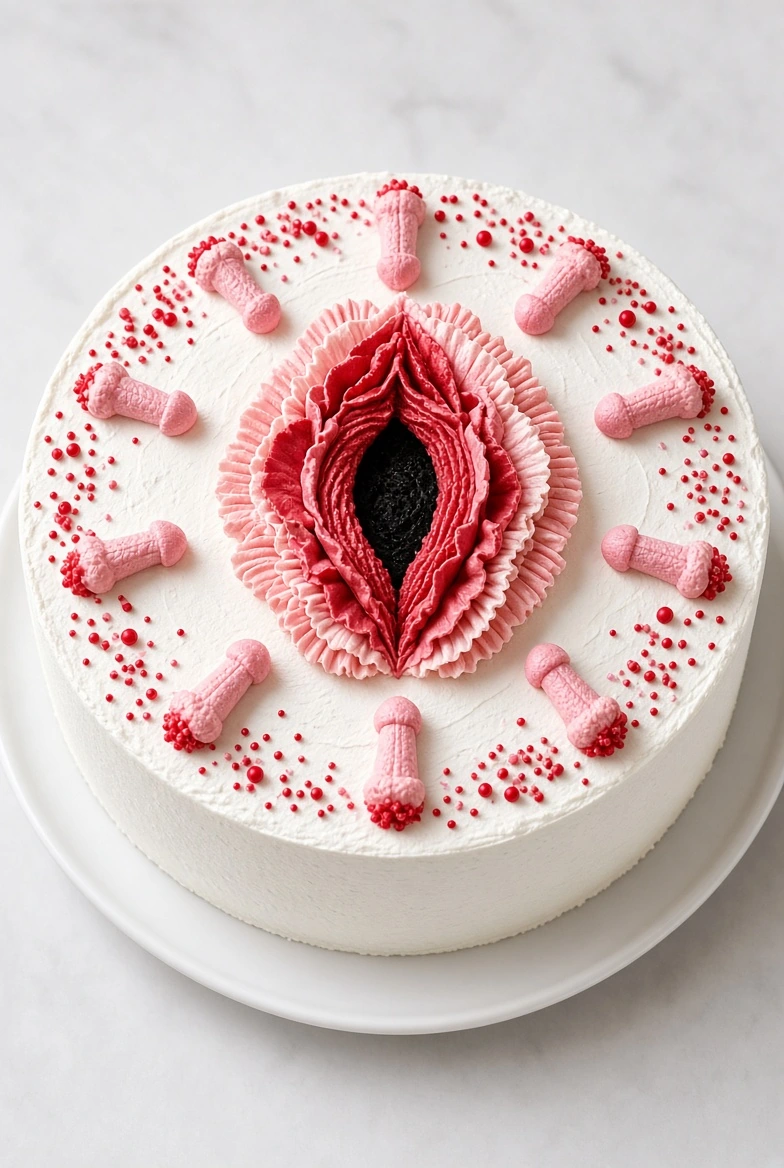 The OG Cooter adult novelty cake design reference: Ivory round cake with pink-and-red novelty icing, red sprinkles and small pink perimeter decorations.